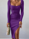 Women Square Collar Split Knitted Dress Slim Sexy High Waist Long Sleeve Lady Pencil Dresses 2022 Autumn Winter Party Lady