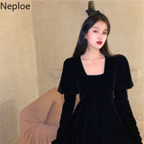 Temperament Woman Dress Vintage Robe Square Collar Puff Sleeve Slim Velvet Vestidos Mujer Korean Elegant Black