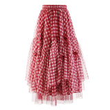 High Elastic Waist Red Plaid Irregular Bow Mesh Long Half-body Skirt Women Fashion Tide New Spring Autumn 2023