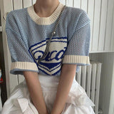 Letter Print Crochet Top Women Korean Dongdaemun 2023 Summer Knit T-shirt Contrast Hollow Short Sleeve Tee