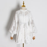 White Elegant Patchwork Embroidery Dress For Women Stand Collar Lantern Long Sleeve High Waist Dresses Female 2023