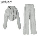 2021 Autumn Women New Cotton Tracksuit Female Slim Waist Short Hoodes Sweatshirt + Long Wide Leg Pants 2 Piece
