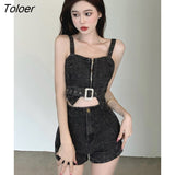Korean Denim Sexy Club 2 Pieces Outfits Women Strap Backless Short Crop Tops Shirt Blouse Shorts Mujer Slim Sets