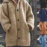 Women Cardigan Jacket Hooded Mid-length Top Solid Color Single-breasted Warm Sweater Coat Female Clothing