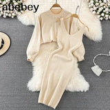 Beading Knitted Women Sets Loose Long Sleeves Sweater+ Solid Elastic Dress French Style Casual Two Piece