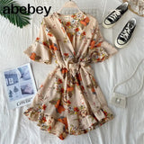 Ruffled Women Playsuits Elastic High Waist Bow Female Jumpsuit Romper Butterfly Sleeve Short Overalls for