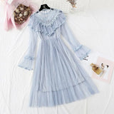 Brand New Women Romantic Tulle Dress Stand Collar Beading Tassels Ruffles Long Sleeve Mesh Dress Cute Mid Dress