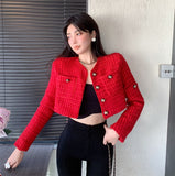Red Tweed Jackets Women Cropped Tops 2022 Autumn Small Fragrant Fashion Single-Breasted Wool Blended Slim