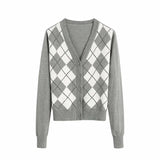 Plaid Knitted Cropped Cardigan Women Long Sleeve Blue Sweater Woman Autumn Casual Knitwear Buttons Streetwear