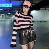 Gothic Short Sweater 2021 Summer Women Sexy Striped Cool Hole Broken Jumper Loose Alt Emo Dark Streetwear Y2k Top