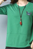 Fashion Spring Summer Women T Shirts O Neck Loose Long Sleeve Tee Embroidery Retro Harajuku Shirts Female