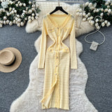 Small Fragrant Style High-Level Sense V-Neck Metal Buckle Waist Knitted Dress Women Autumn Body Fork Long