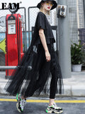 Women Black Mesh Irregular Lonng Big Size Dress New Round Neck Short Sleeve Loose Fit Fashion Spring Summer 2023
