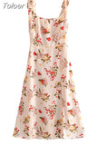 Summer Vintage Prairie Chic Lace-Up Floral Print Spaghetti Strap A-line Side Slit Elastic Dress Zipper Vestido