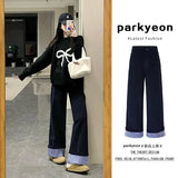 Blue Roll Edge Design Wide Leg Slack Women 2025 Spring And Autumn High-Waist Loose Straight Straight