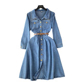 Water Wash Denim Dress Women's Autumn New High-End Thin Temperament Waist Single Buckle Long