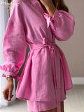Autumn Lace-Up Robes Tops Two Pieces Set Womens Casual Loose High Wiast Shorts Set Elegant Pink Home Suit With