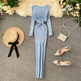 Women's Autumn And Winter 2025 New Korean Version Of Simple Solid Color Long Sleeves Tight Waist Thin Knit Long