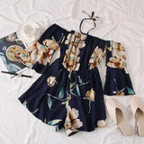Women Halter Floral Playsuits Holiday flower overalls bohemian off shoulder beach jumpsuits wide leg chiffon