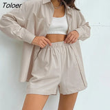 High Street Sweatshirt Shorts Sets Lapel Long Sleeve 2 Pieces Outfit Summer Elastic Waist Straight Shorts Women's Suit