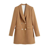Women Fashion Double-Breasted Blazer Coat Vintage Long Sleeve Pockets Female Outerwear Chic Veste