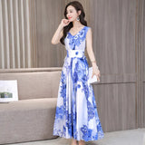 Women Floral Print Sleeveless Bohemian maxi dress Summer Ladies V-neck Sexy lacing Strappy waist party dress