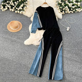 Version Of The Casual Sports Suit Women's Autumn Design Feeling Loose Collar Collar High-Waisted Denim Splicing