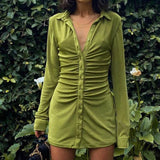 Mini Dress Women Green Slim Club Party Dress Turn-Down Collar Short Tight Dresses Summer Streetwear Blue Shirt