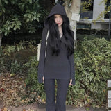 Retro Black Hooded Long-Sleeved Knitted Shirt Micro-Sleeves Friserie Women Autumn And Winter Slimming Two