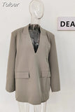 Fashion Women's Blazer V-neck Long Sleeve Solid Color Medium Length Pocket Split Suits Jackets Summer 2023 New