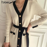 Strap Waist Knit Dress Woman Single-breasted Cloth V-neck Korean Single-breasted Vestidos Mujer 2023 Spring Dresses