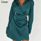 Sexy Black Satin V Neck Dresses For Women Long Sleeve Pencil Mini Dress Solid High Waist Ruched Dress 2022 Autumn