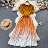Pleated Gentle Women Summer Dress 2022 Sashes V Neck Temperament Elegant Vacation Ladies Solid Chic A Line