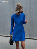 Autumn Blue Satin Mini Dress Ladies Fashion O-Neck Long Sleeve Bodycon Dress Elegant Slim Classic Dresses For Women