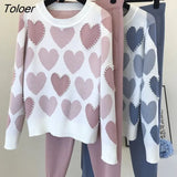 Women Sweater 2 Piece Sets Chic Knit Embroidery Bead Heartshape Pullovers Top + Spring Harem Pants Sport Tracksuits