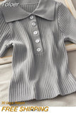 New Women Ribbed Button Up Polo Shirt Female Plain Short Sleeve Candy Colors Top Stretchy Slim Tee Shirts 2023