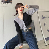 Cardigan Women Vintage Patchwork Harajuku BF Sexy V-neck Slim Sweaters Spring Autumn Long Sleeve Harajuku Fashion