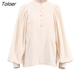 Stand Collar Lantern Sleeve Office Lady Blouses And Shirts Solid Cotton Single Breasted Elegant Top Women Loose Shirt