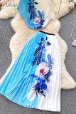 Print Women T Shirt Suit Top + Midi Long Large Swing Pleated Skirt Set For Woman Summer Clothing fashion Two Piece