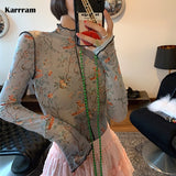 Japanese Vintage Floral Mesh Top Harajuku See Through Translucent Sheer Top Tie Dye Long Sleeve T-shirt Basic Tee