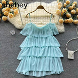 Spaghetti Strap Woman Dress Summer Solid Ruffles Off Shoulder Sundress Elegant Chiffon A-Line Beach Boho Dresses