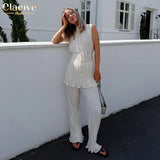 Summer Sexy Sleeveless Lace-up Shirt Two Piece Set Women Elegant High Wiast Pants Set Casual White Pleated Trouser