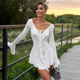 Toloer Women's Wear 2024 Flounce Pointed Collar Tied Rope Horn Sleeve Dress-Outfit