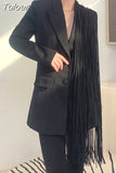 Fashion Women Suit Jackets Notched Collar Full Sleeve Single Breasted Asymmetric Tassels Blazers Summer 2023 New