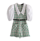 Fashion Elegant Women Puff Sleeve Patchwork Tweed Playsuits Vintage Girls Jumpsuits Pockets Ladies Plaid Romper With