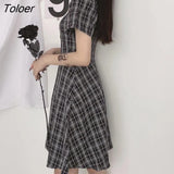Women Short Sleeve Black Plaid Knee Length High Waist A-line Square Collar Girls Sweet Harajuku Streetwear Summer