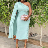 Women's Autumn Fashion Slanted Shoulders Solid Color Pressure Folded High Waist Tight Body Dress African