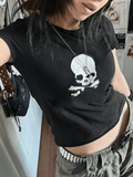 Skull Print Short Sleeve Y2K Crop Top-Outfit