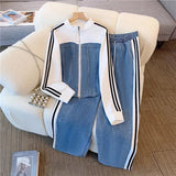 Zippered Cowboy Splicing Two Sets Of Spring And Autumn 2025 New Cowboy Splicing Long Sleeve Tops Wide Leg