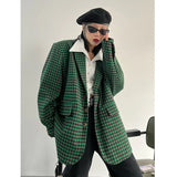 Women Green Plaid Big Size Casual Blazer New Lapel Long Sleeve Loose Fit Jacket Fashion Tide Spring Autumn 2023